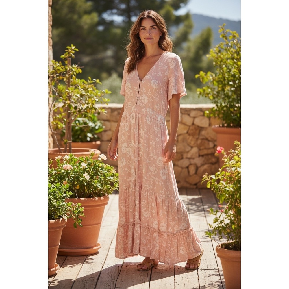Sunday Mi Amor Dress Women's Small Floral Maxi Tiered Cottagecore Flawed
